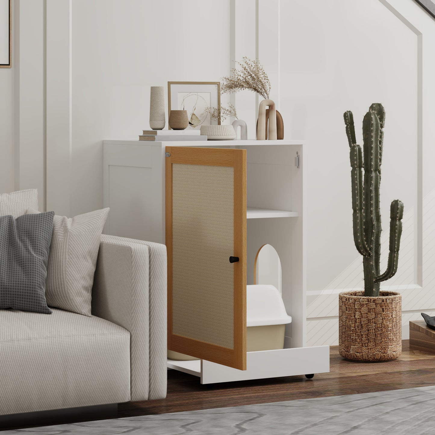 Pawhut Mueble Arenero Para Gatos Con Bandeja Extraíble 57x50x80,5 Cm Blanco_4