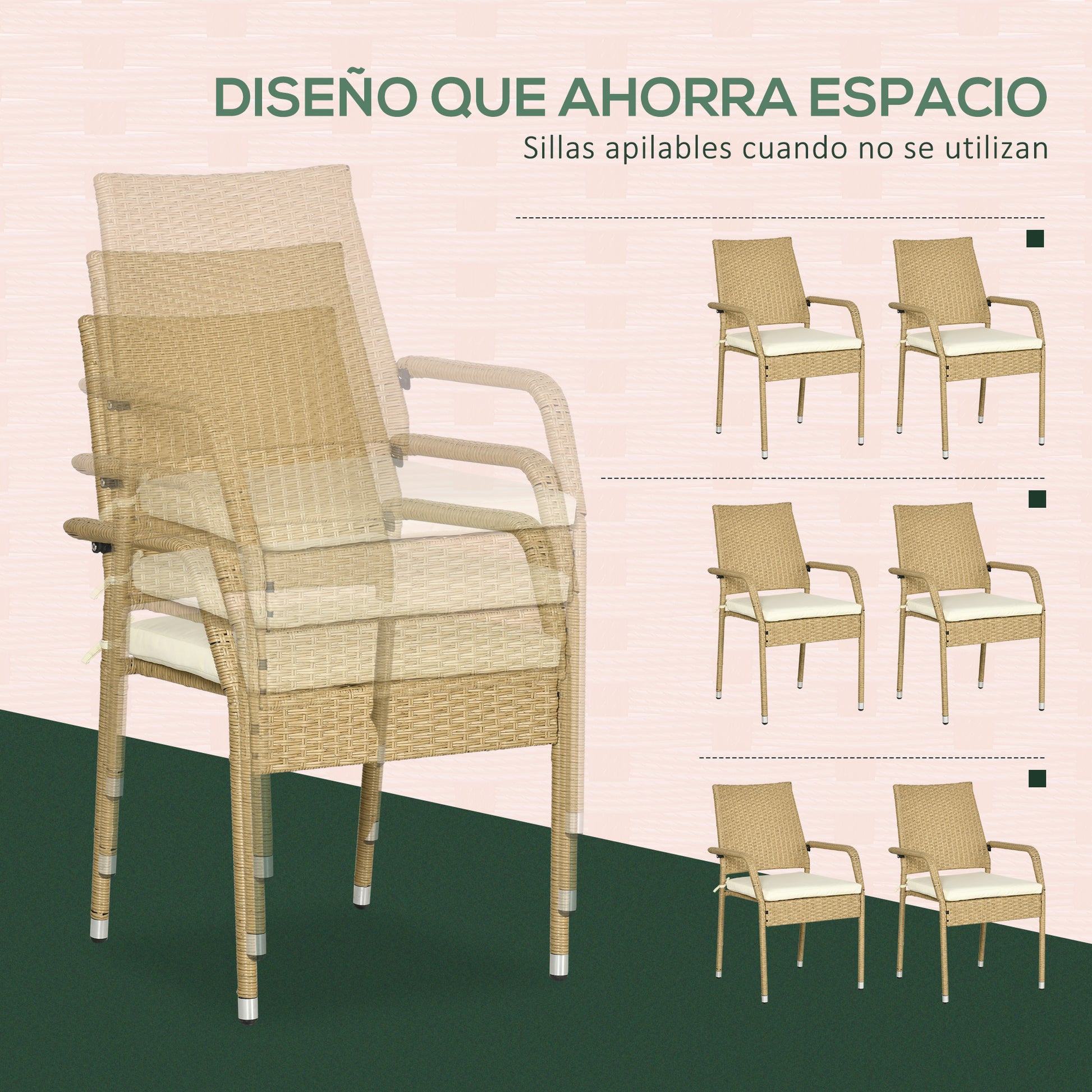 Outsunny Conjunto De Muebles De Ratán Pe Con Mesa De Centro Y 6 Sillas Apilables_5