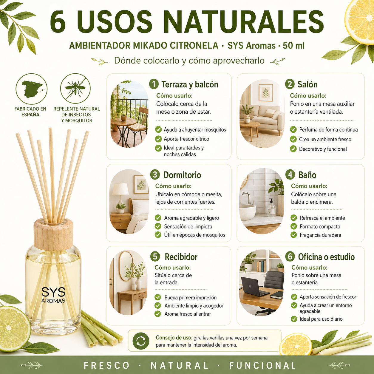 Mikado Citronela 50 ml | Aroma Natural Repelente Antimosquitos | Ambiente Fresco y Protegido | SYS Aromas_2
