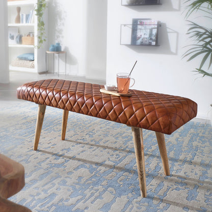 Banco De Cuero Y Madera Maciza 115x53x38 Cm_1