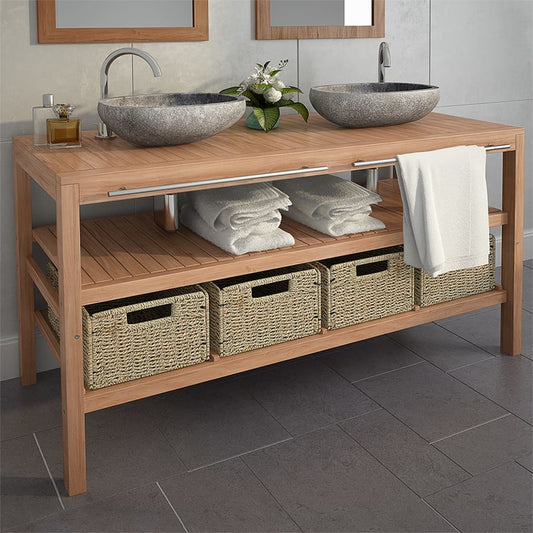 Mueble Lavabo Tocador Madera Teca Maciza 4 Cestas 132x45x75 Cm_0