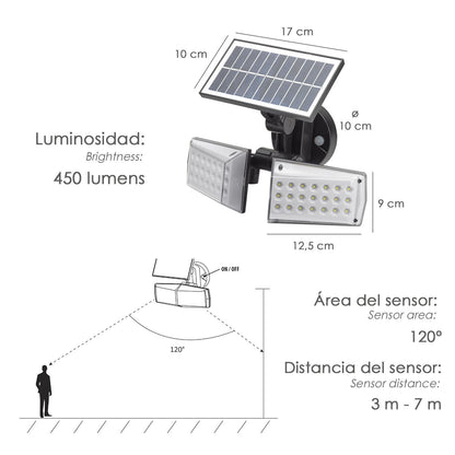 Aplique Solar Led Doble Con Sensor De Movimiento / Crepuscular 450 Lumenes. Protección Ip65