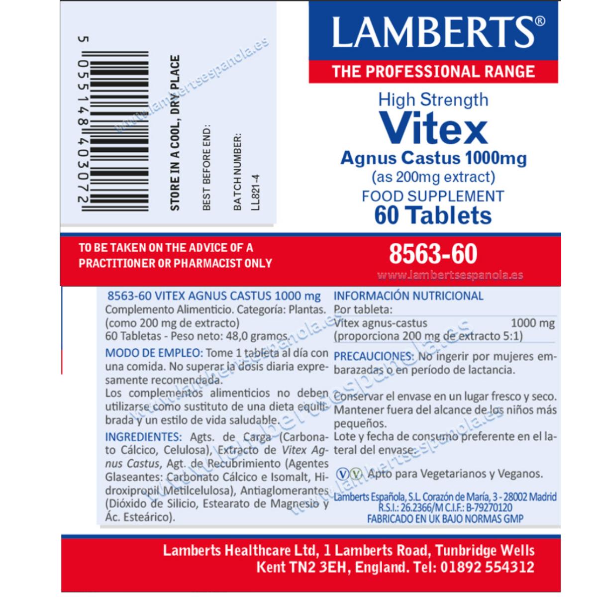 Vitex Agnus Castus Lamberts 60 comprimidos 1000mg