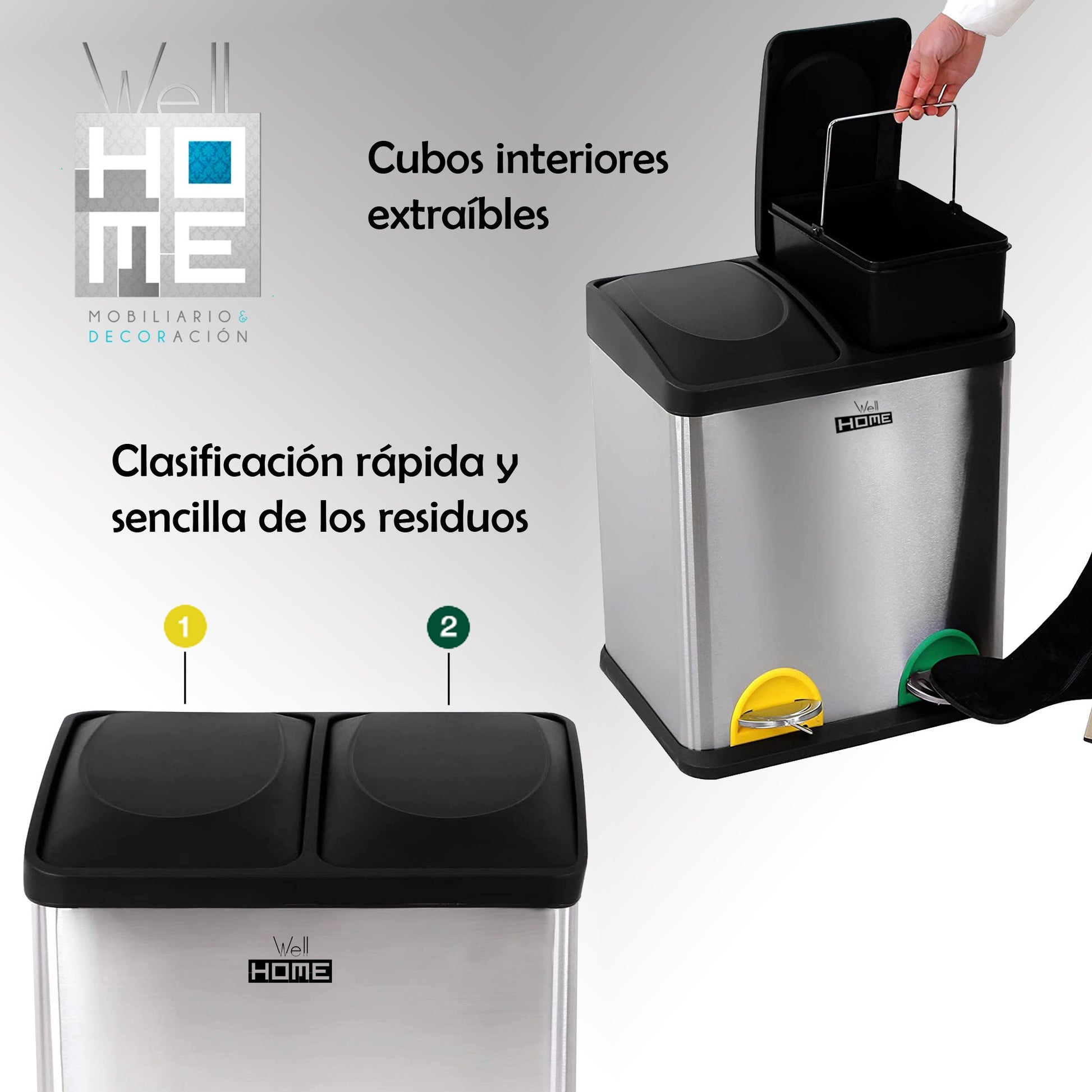 Cubo De Reciclaje Ecológico 30 Litros De 2 Compartimentos, Gran Capacidad, Para Papel, Vidrio Y Plástico