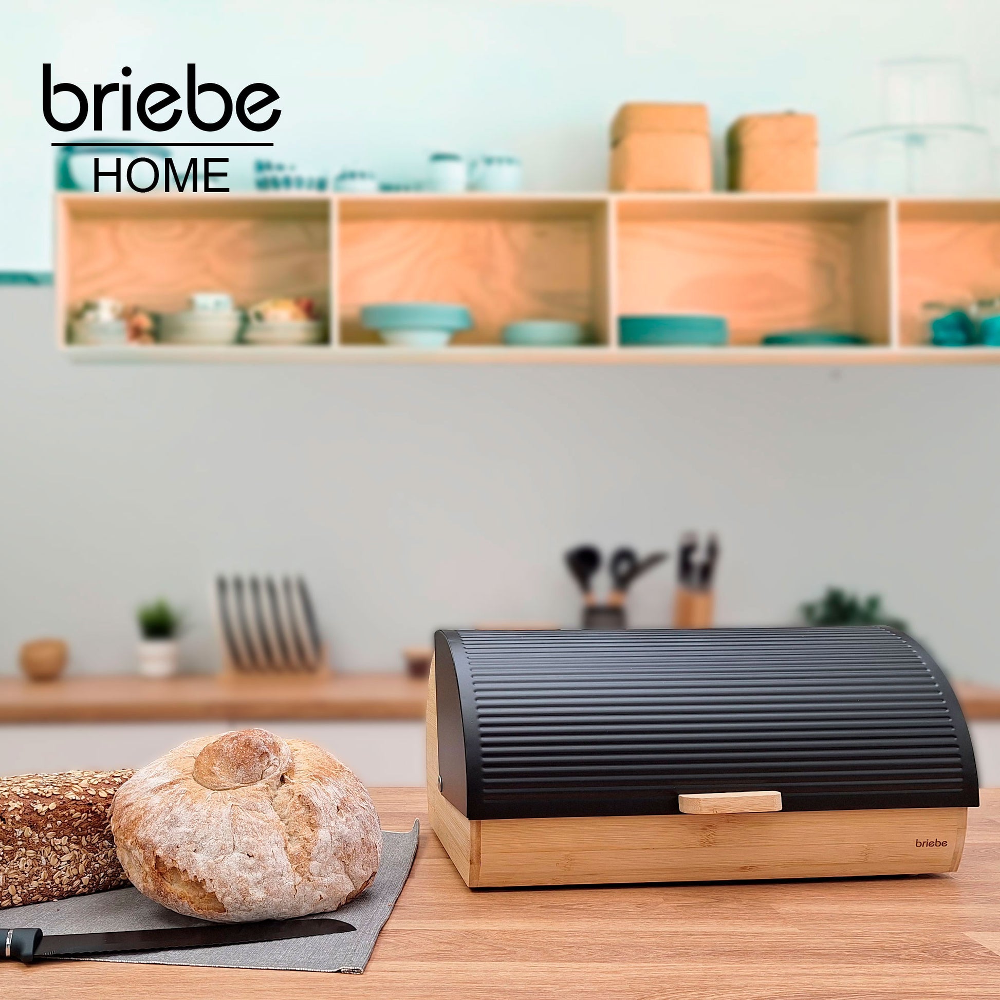 Panera Para Guardar Pan De Mesa Madera Bambú, Tapa Deslizante Bread Box Almacenamiento Bollería, Briebe, Bb1162, Negro_1