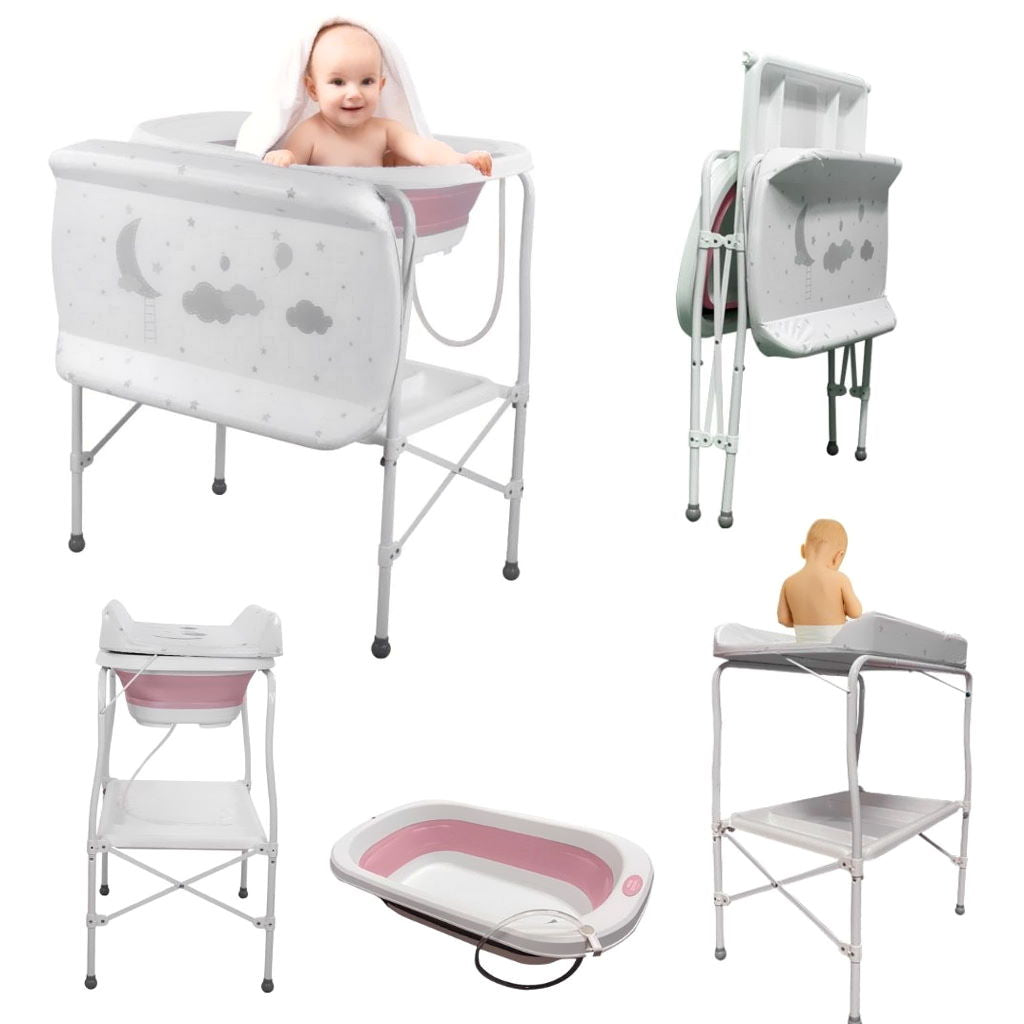 Bathby | Bañera Bebé 5 En 1 Plegable Con Soporte, Cambiador, Bandejas, Desagüe (rosa Standard)_1