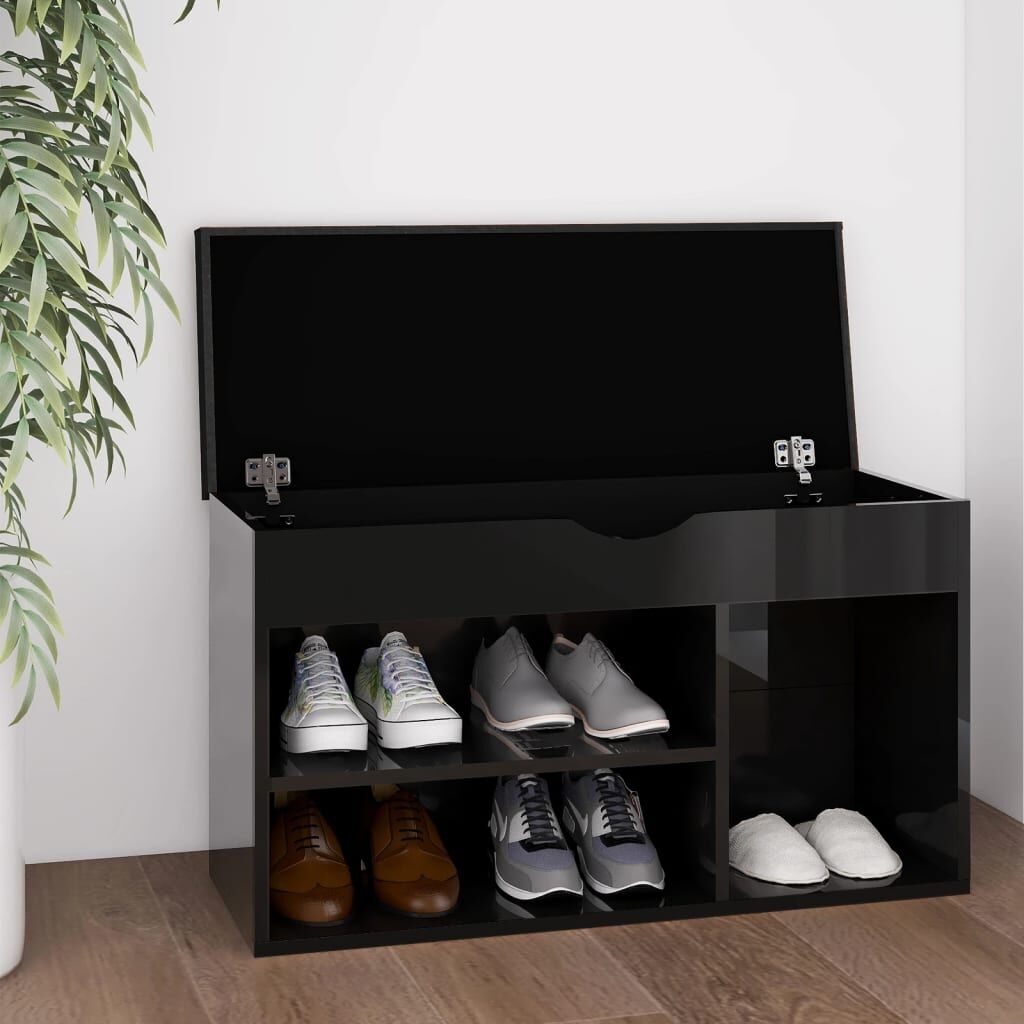 Vidaxl Vi Banco Zapatero Con Cojín Madera De Ingeniería Negro Brillo_1
