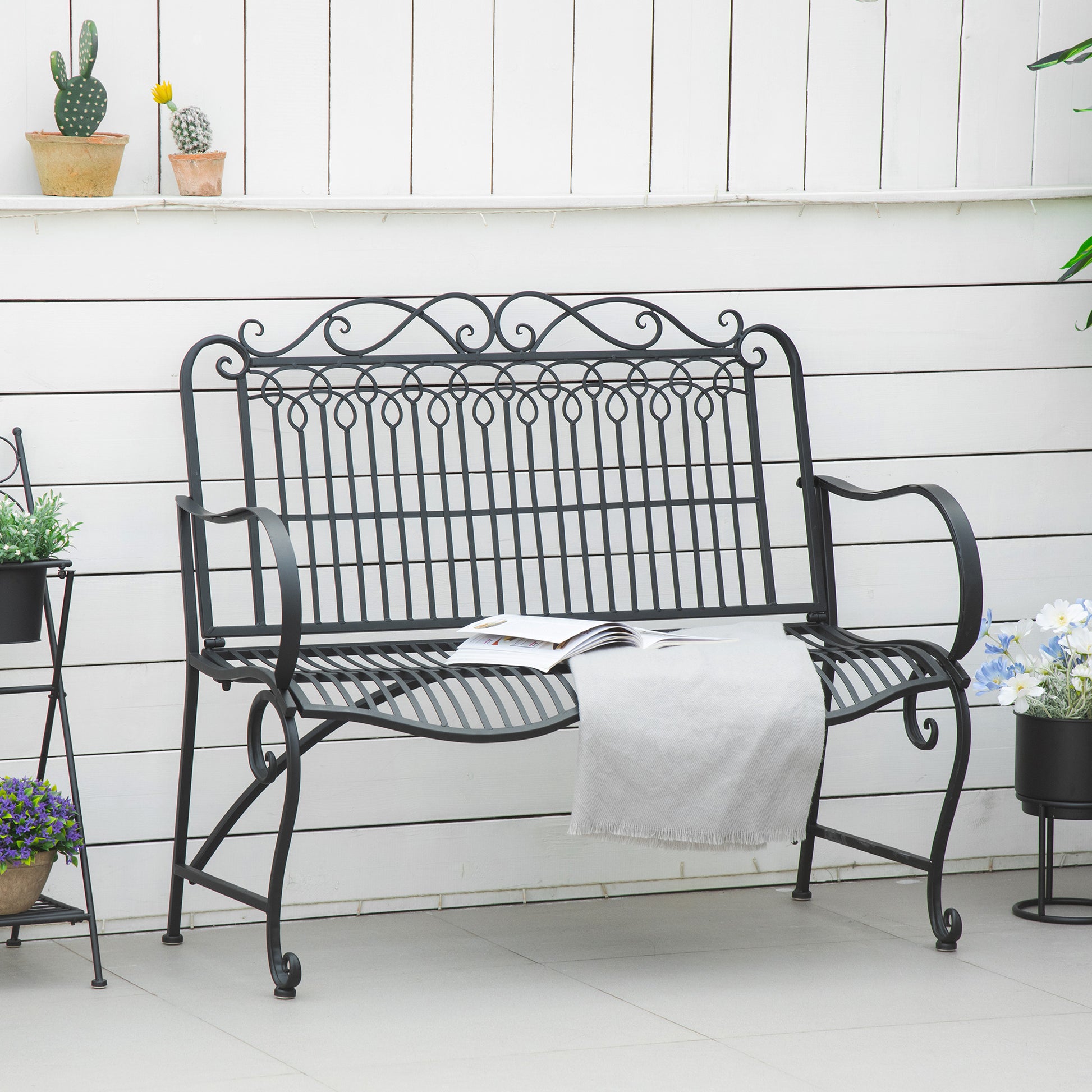 Outsunny Banco Jardín 2 Plazas 110x60x97 Cm Con Reposabrazos Carga 200 Kg Negro_1