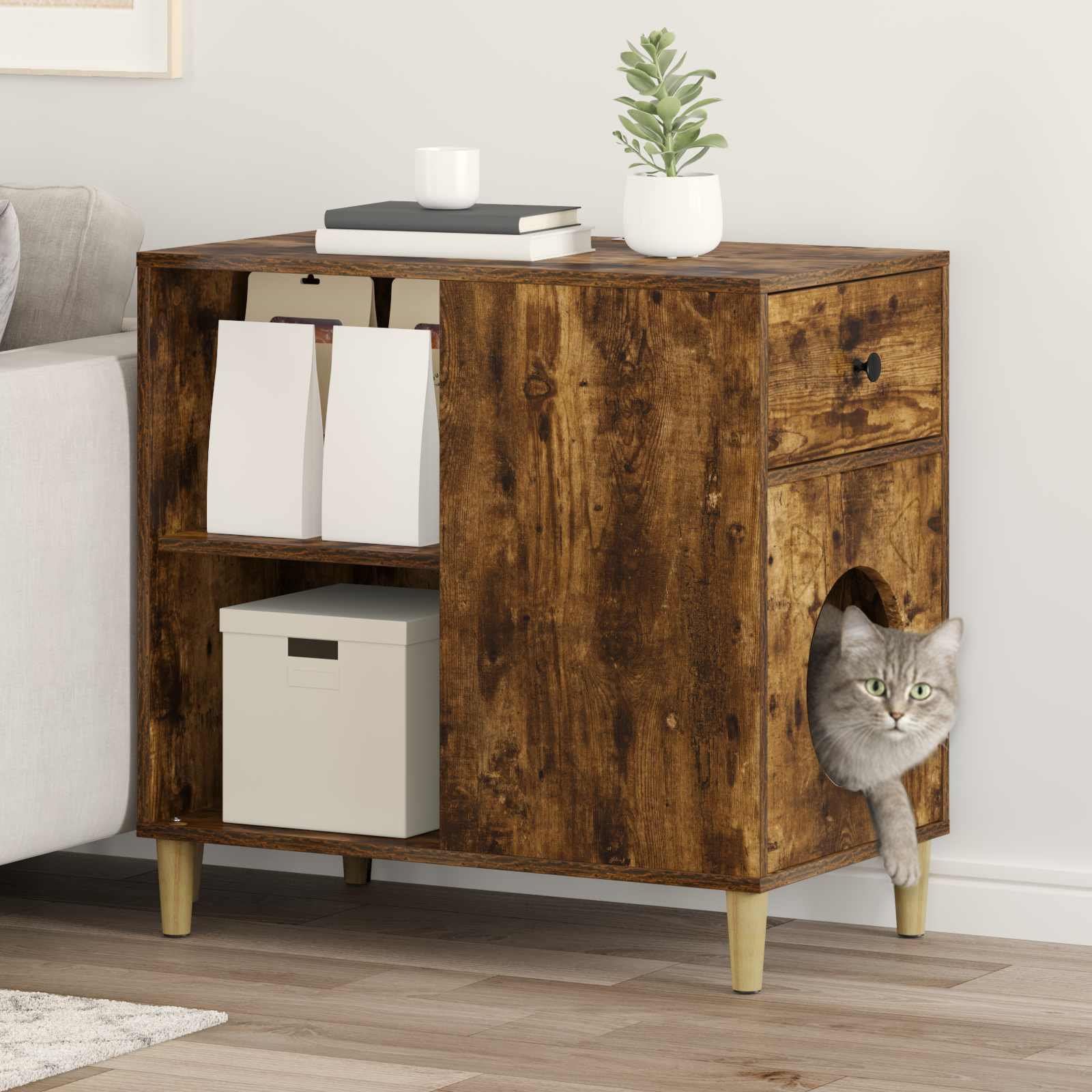 Casa Para Gatos Roble Ahumado 72 X 42.5 X 70 Cm_1