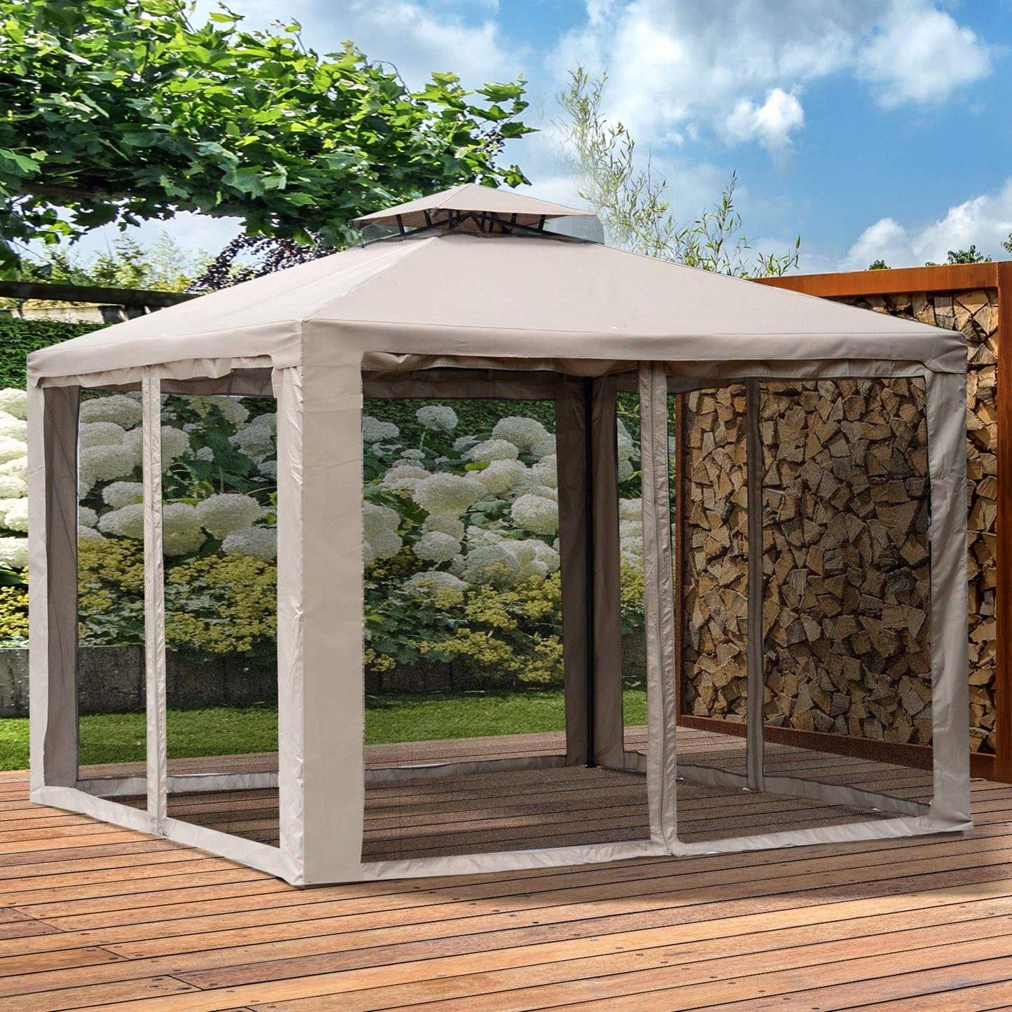 Outsunny Cenador De Jardín 3x3m Con Doble Techo 4 Cortinas Mosquiteras Marrón_1