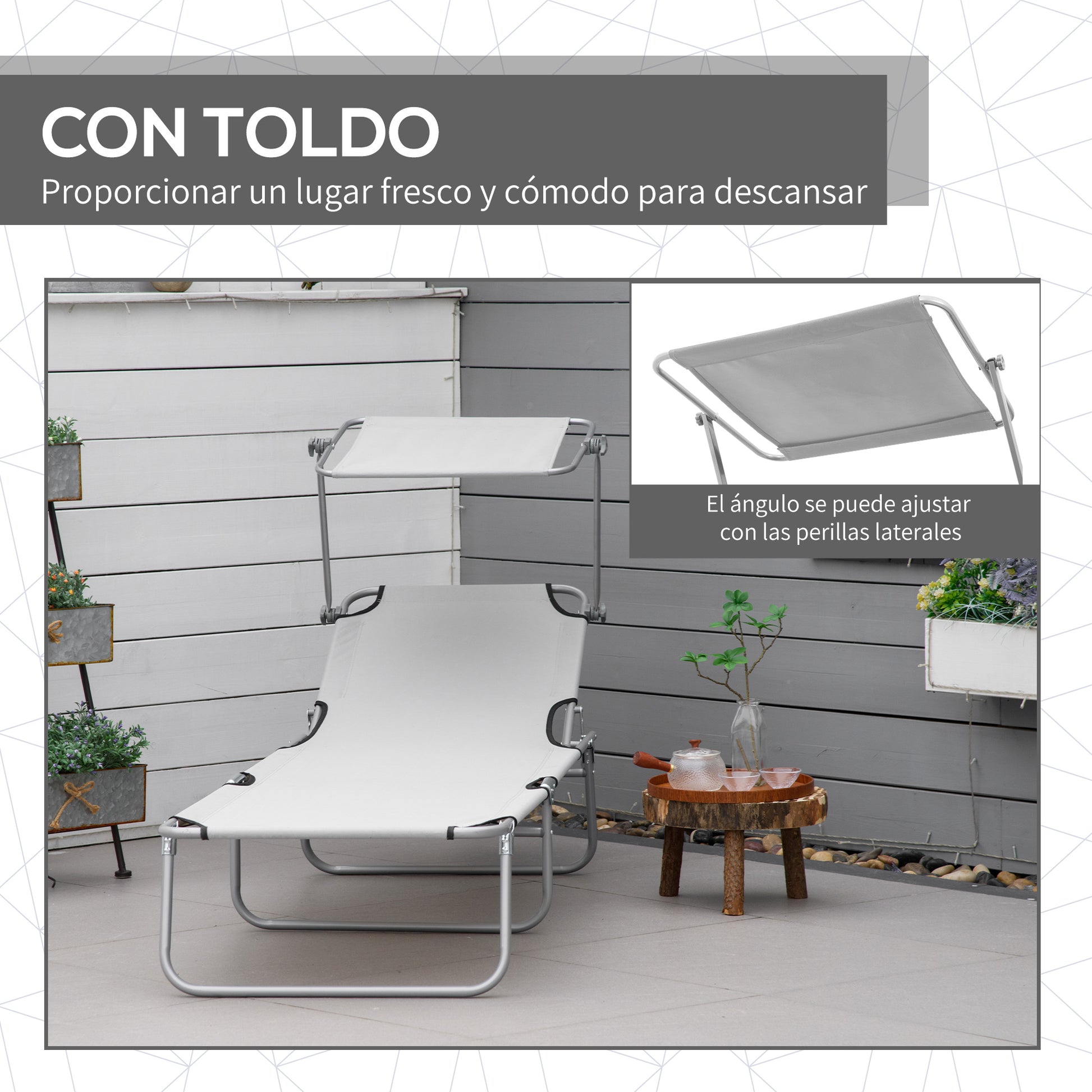 Outsunny Set De 2 Tumbonas De Jardín Plegables Con Toldo 187x58x36cm Gris Claro_5