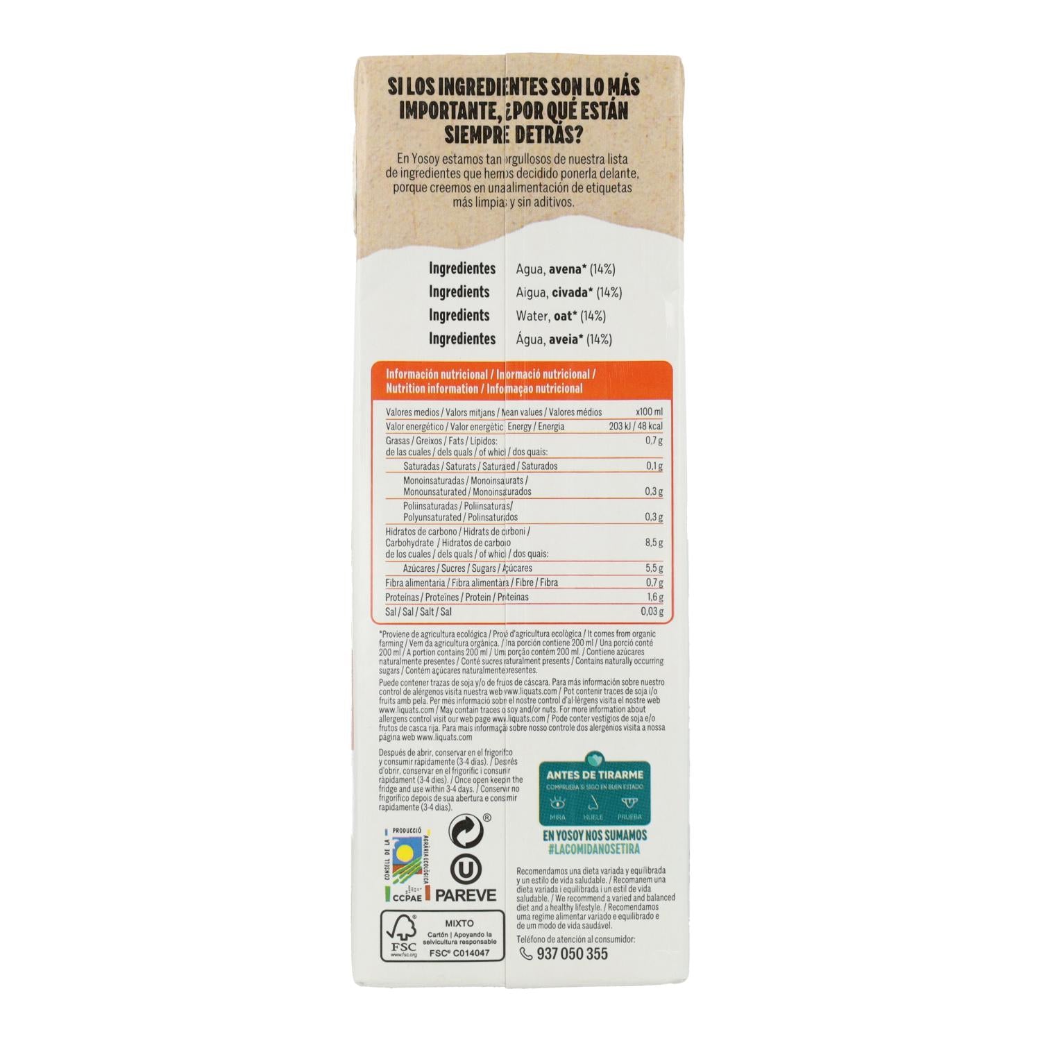 Pack 6 x  Bebida de Avena Sin Gluten ECO Yosoy  1 L