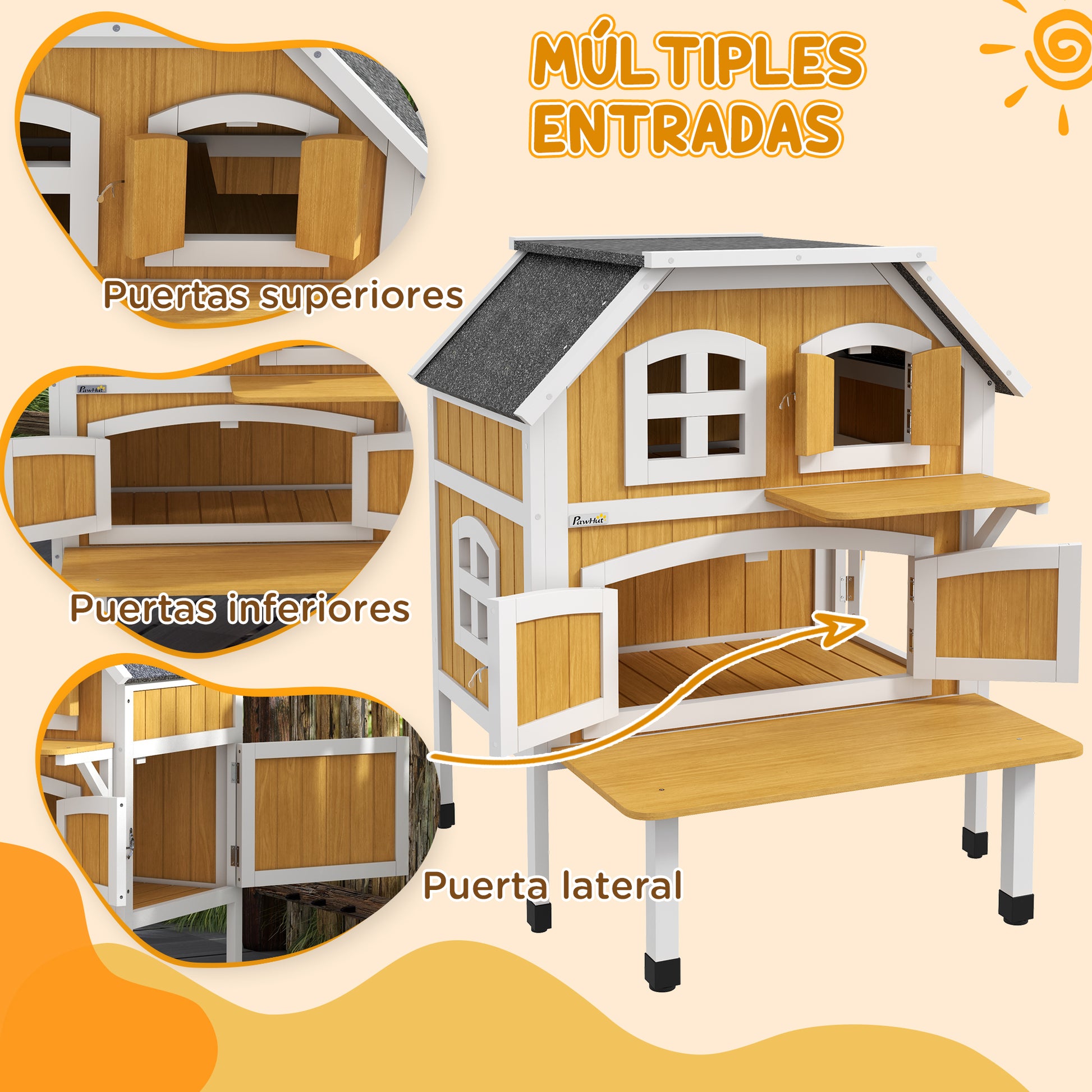 Pawhut Casa Para Gatos De Madera 78x82x93 Cm Con Techo Asfáltico Natural_5