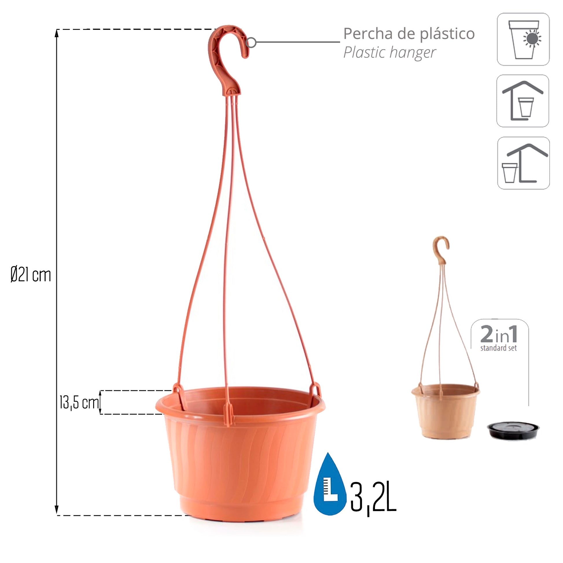 Macetero Colgante Pro 3,2l., Dimensiones (mm) 210x210x135, Color Terracota