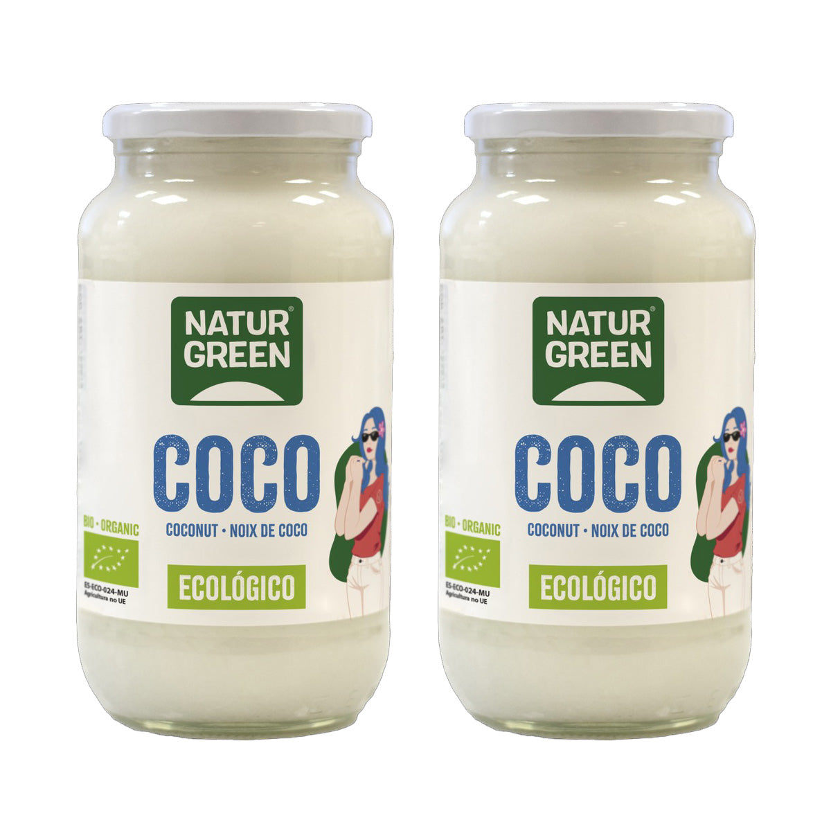 Embalagem de 2 x Óleo de Coco Virgem Cru Biológico, NaturGreen, 800 g