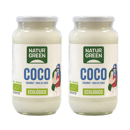 Embalagem de 2 x Óleo de Coco Virgem Cru Biológico, NaturGreen, 800 g