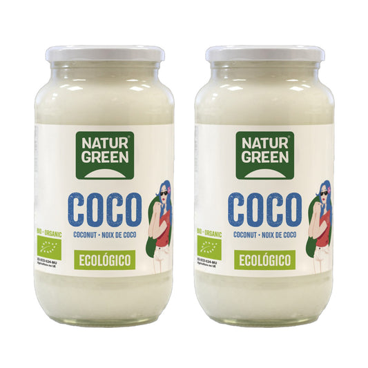 Embalagem de 2 x Óleo de Coco Virgem Cru Biológico, NaturGreen, 800 g