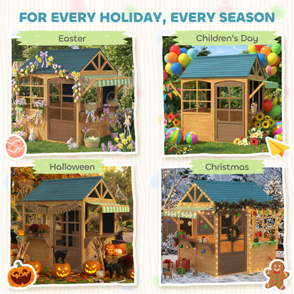 Aiyaplay Casita Infantil Exterior De Madera Con 2 Pizarras Ventanas Natural_4