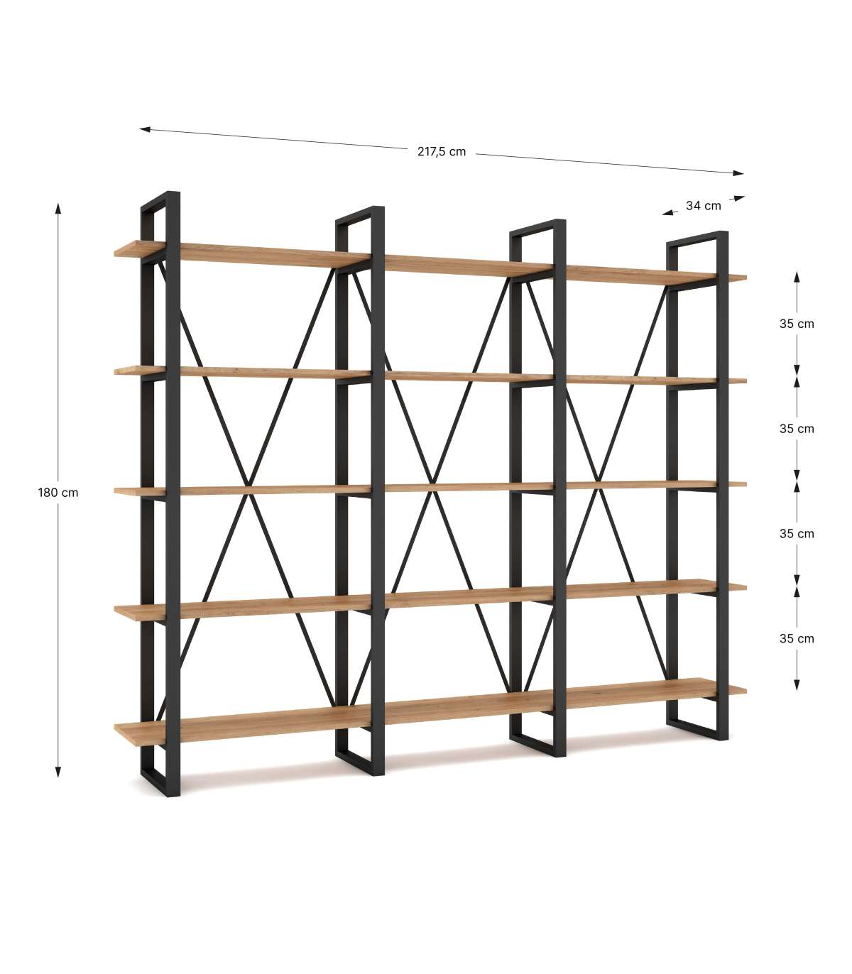 Estantería 5 Estantes Modelo-azahar-217 Acabado Roble/negro, 180cm(alto) 217.5cm(ancho) 3_3