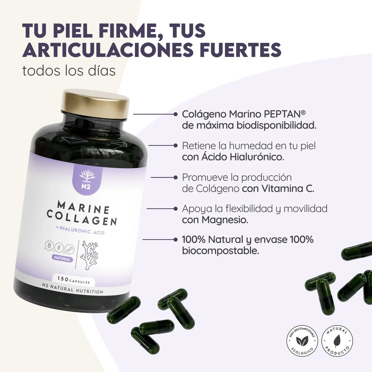 Colágeno Marino + H. Hialurónico 75 días Piel N2 Natural Nutrition 150 cápsulas