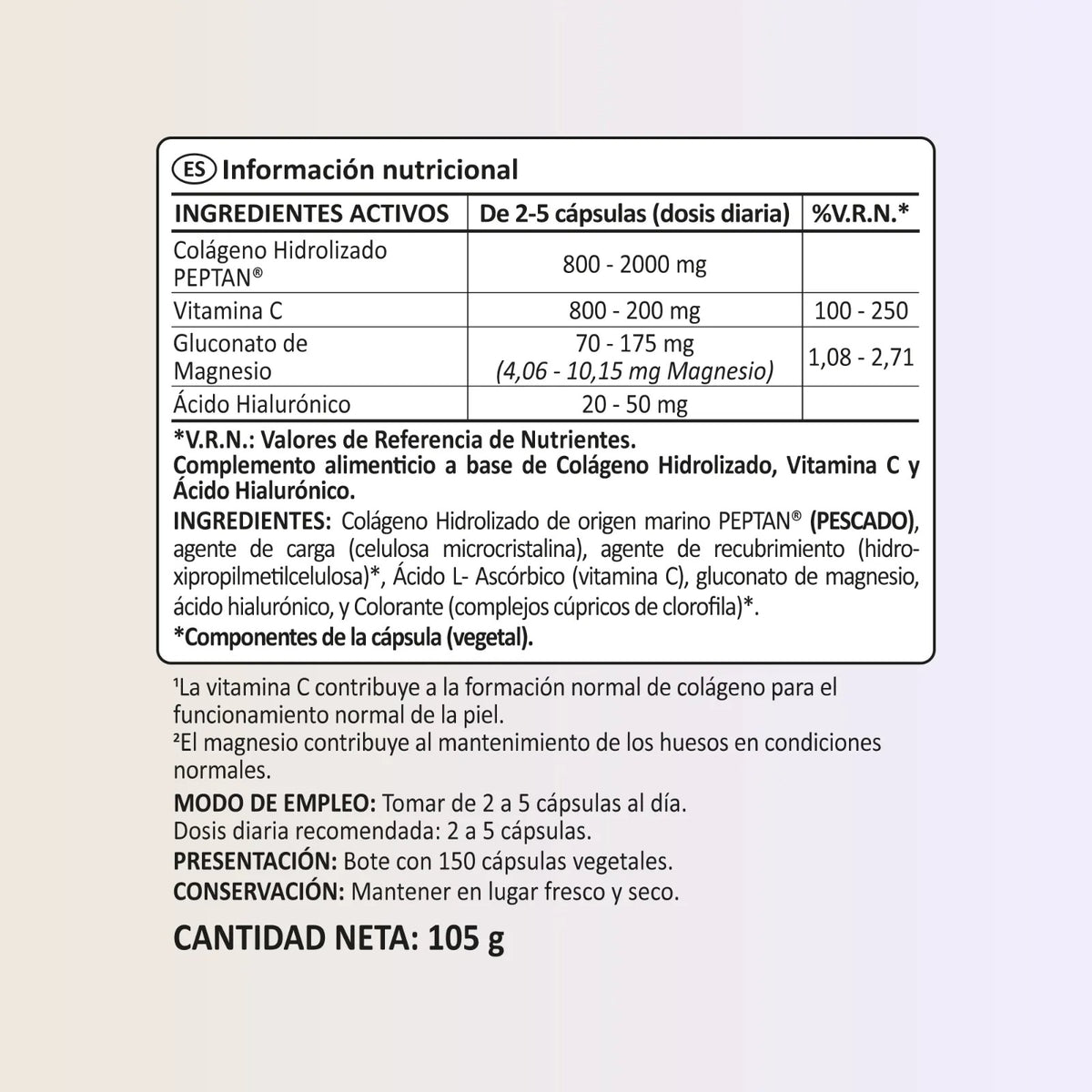 Colágeno Marino + H. Hialurónico 75 días Piel N2 Natural Nutrition 150 cápsulas