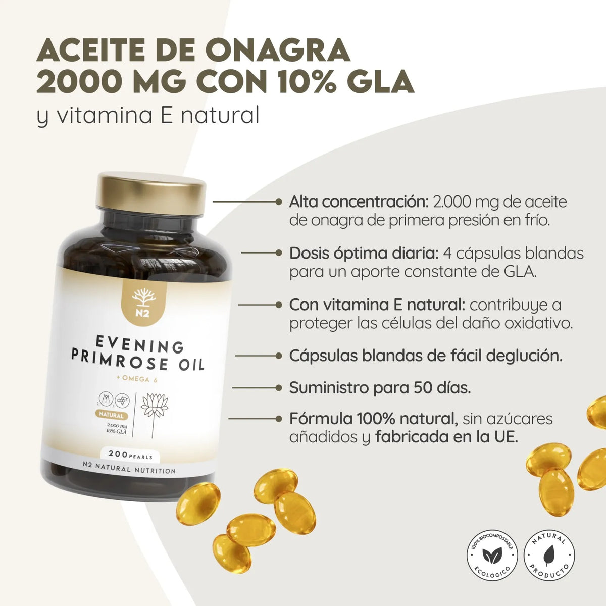 Aceite de Onagra + Vit. E 50 días Hormonas N2 Natural Nutrition 200 perlas