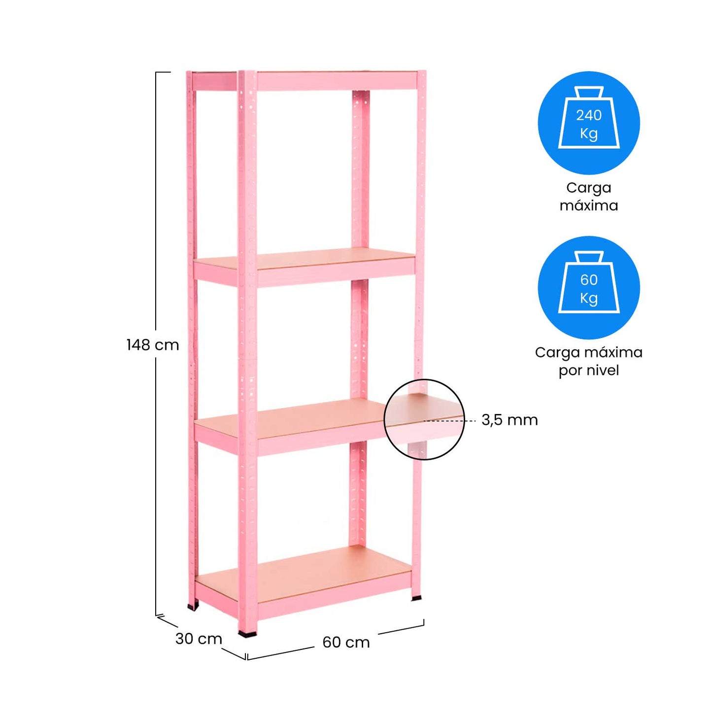 Estantería Metálica Rosa Con 4 Baldas Ajustables 148x60x30cm 240kg 7house_3