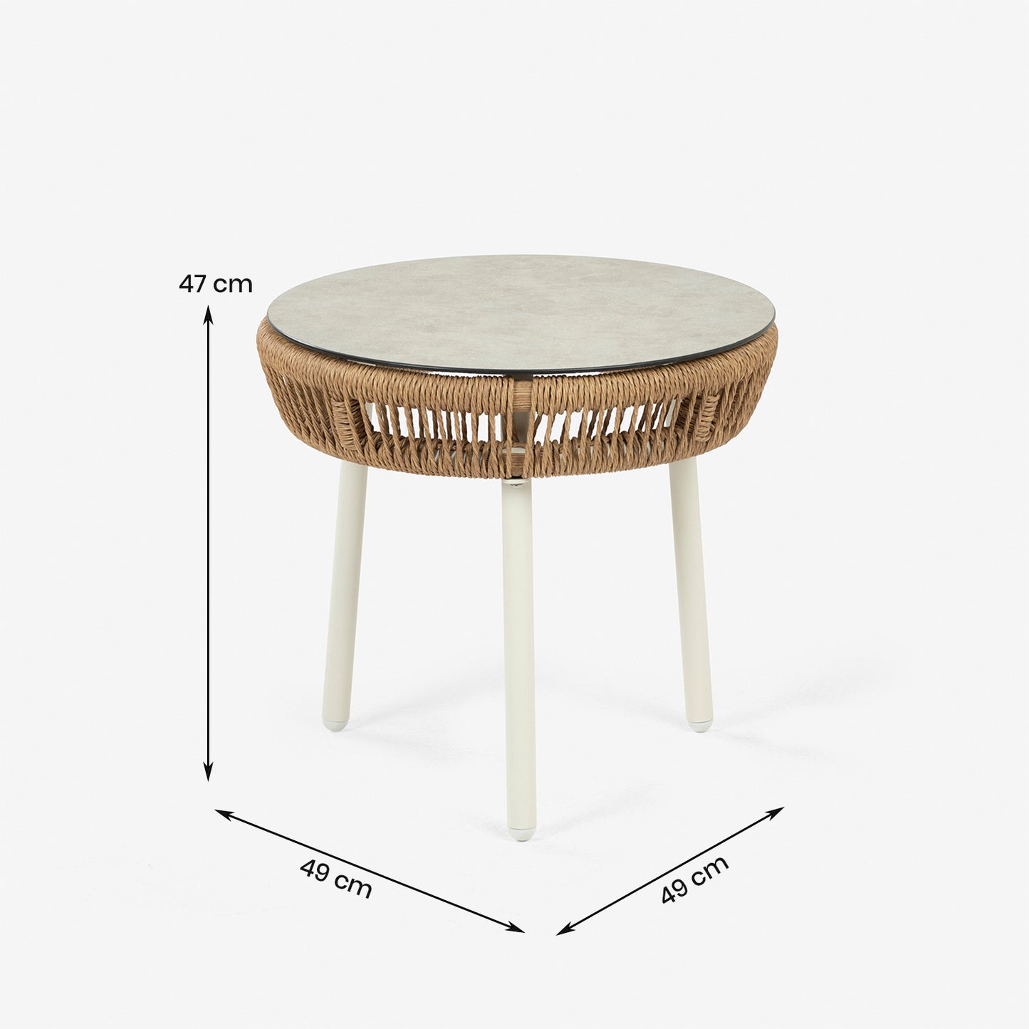 Mesa Auxiliar Cristal Templado, Ratán Tipo Cuerda, Aluminio Y Ratán Sintético Redondo, Color Blanco, 49x47cm Alto_4