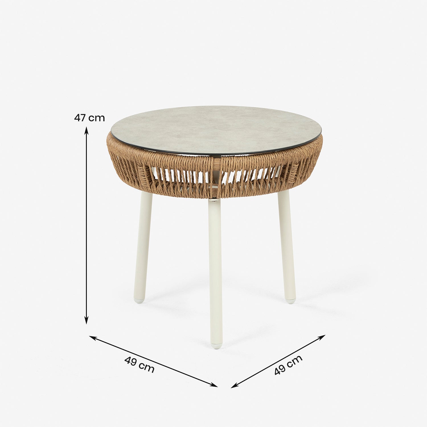 Mesa Auxiliar Cristal Templado, Ratán Tipo Cuerda, Aluminio Y Ratán Sintético Redondo, Color Blanco, 49x47cm Alto_4