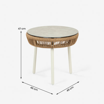Mesa Auxiliar Cristal Templado, Ratán Tipo Cuerda, Aluminio Y Ratán Sintético Redondo, Color Blanco, 49x47cm Alto_4