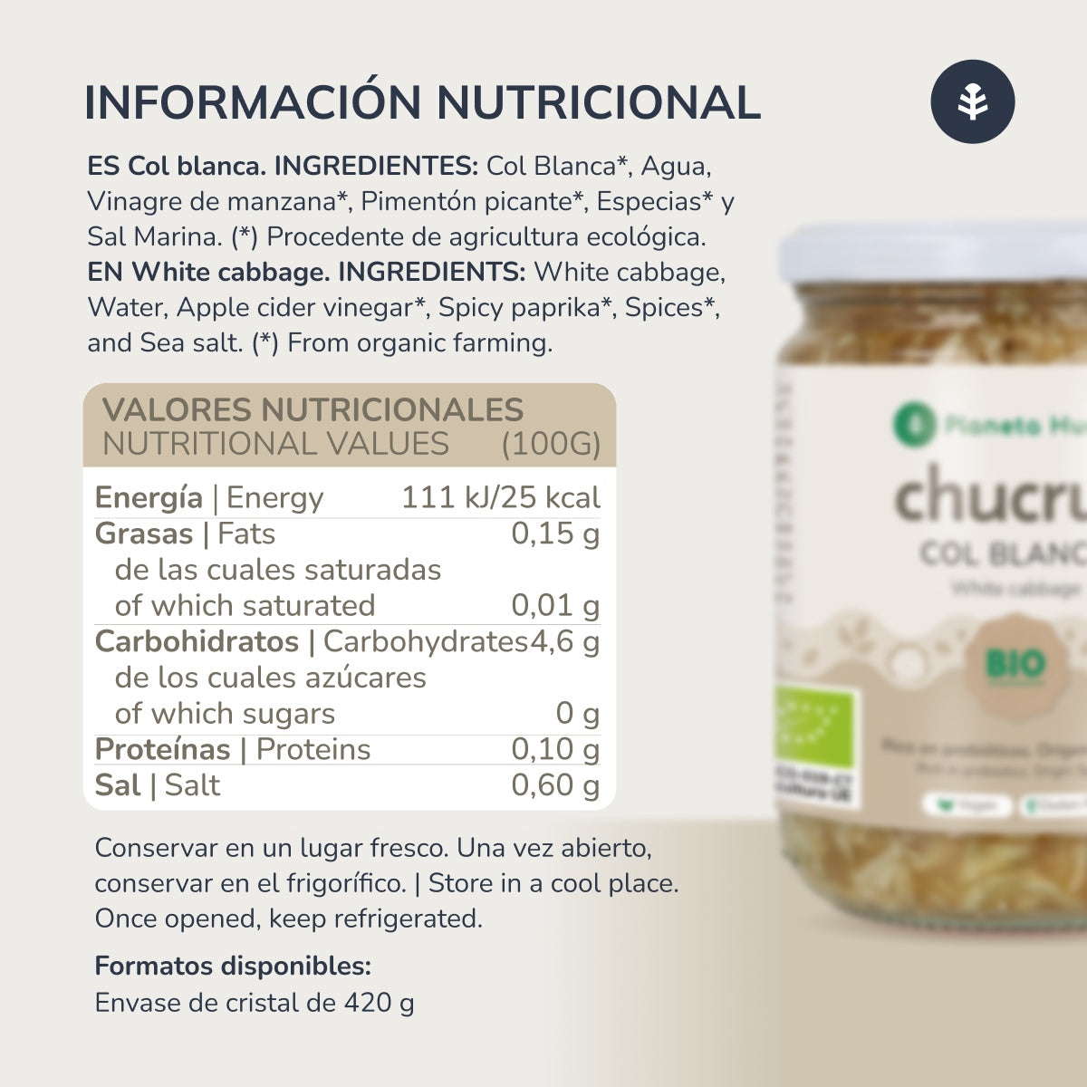 Chucrute de couve branca ECO Planeta Huerto 420 g