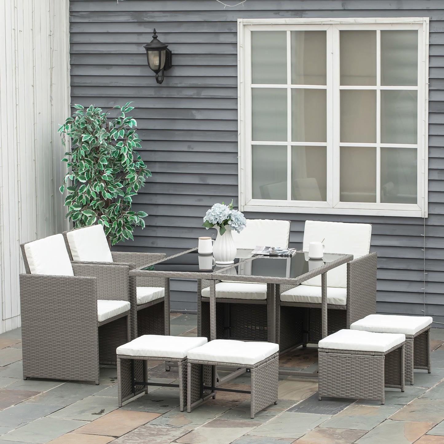 Outsunny Conjunto De Muebles De Jardín 9 Piezas De Ratán Comedor Apilables Gris_1
