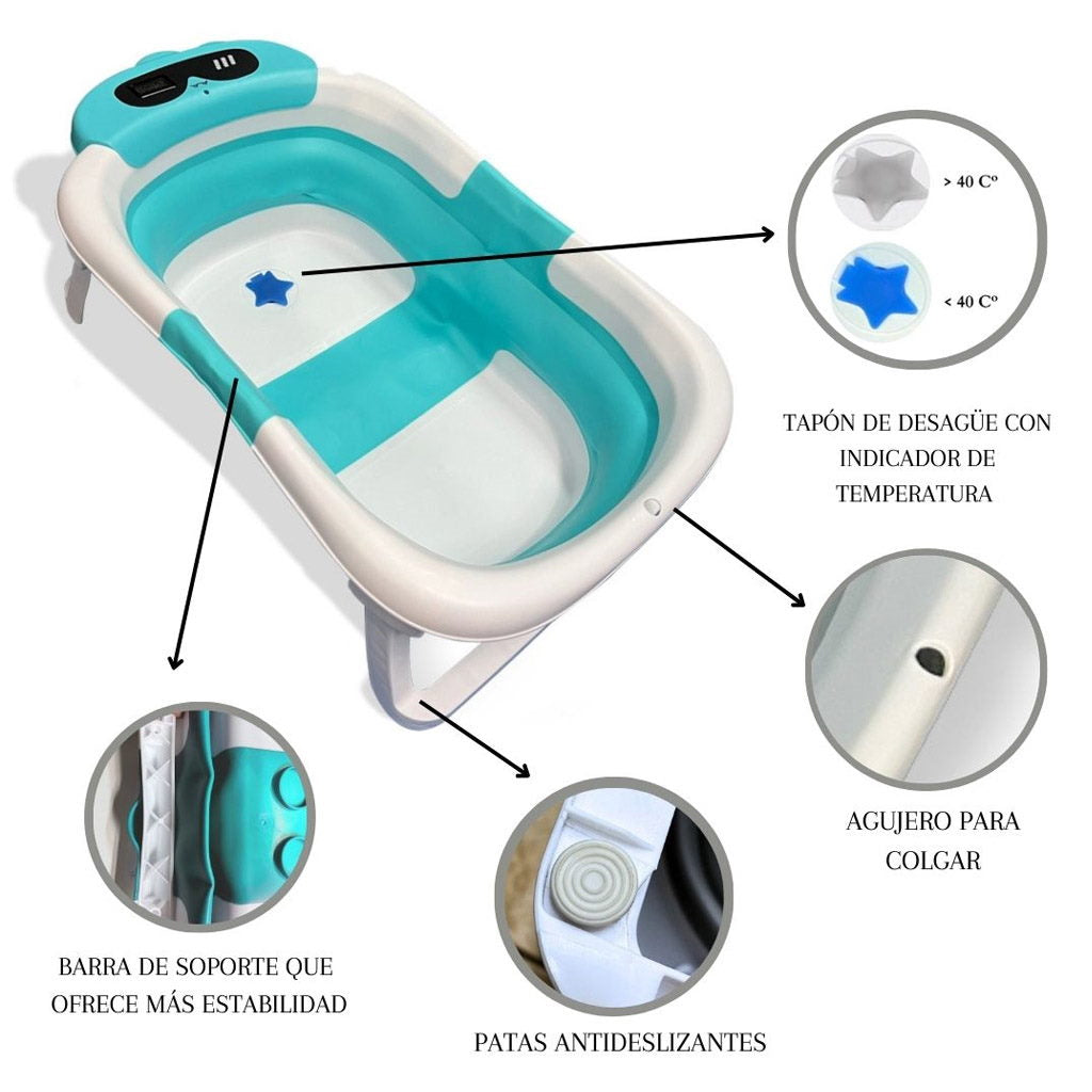 Bathby Bañera Plegable Para Bebés Recién Nacidos, Cojín Dinosaurio, Termómetro, Patas Antideslizantes (azul Dinosaurio)_3