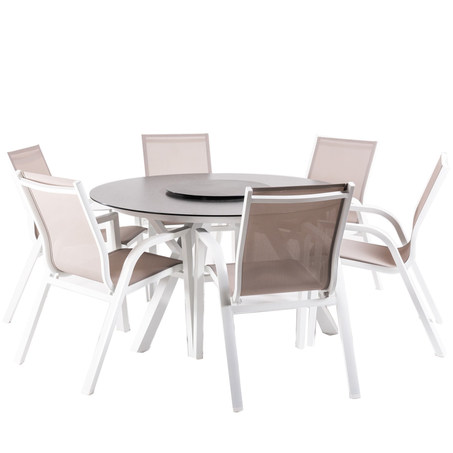 Conjunto De Mesas Y Sillas De Jardín, Redonda 130 Cm, Blanco, Cristal Templado + 6 Sillones Reforzados_0
