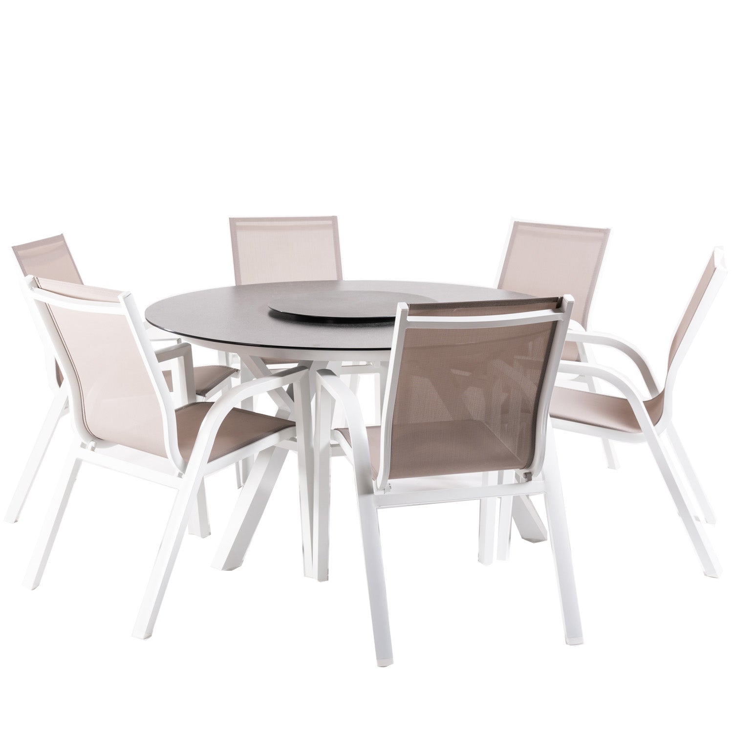 Conjunto De Mesas Y Sillas De Jardín, Redonda 130 Cm, Blanco, Cristal Templado + 6 Sillones Reforzados_0