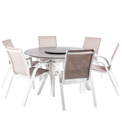 Conjunto De Mesas Y Sillas De Jardín, Redonda 130 Cm, Blanco, Cristal Templado + 6 Sillones Reforzados_0