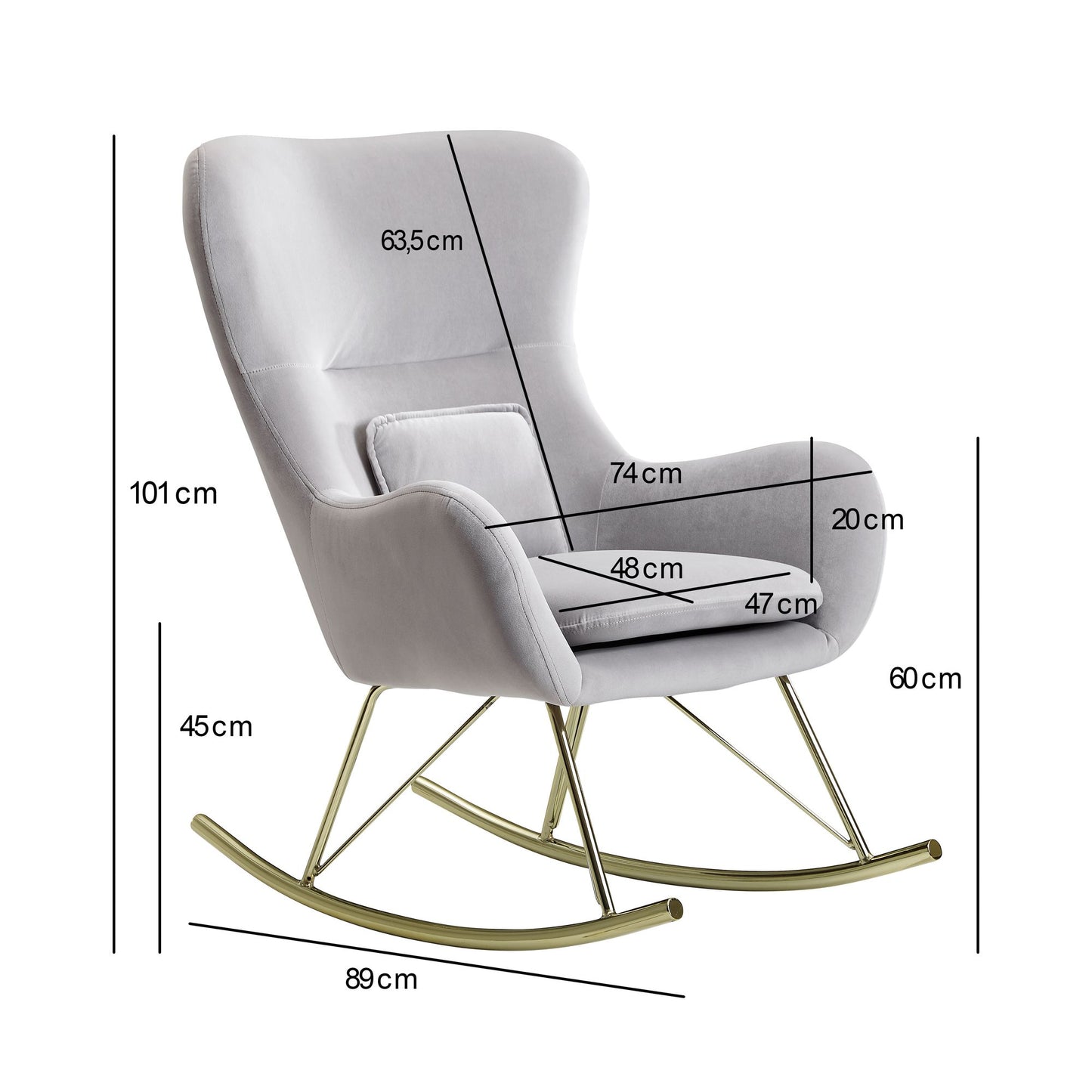 Mecedora De Terciopelo / Metal Gris Claro 74x101x89 Cm Con Patas Doradas_4