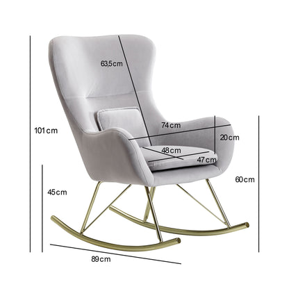 Mecedora De Terciopelo / Metal Gris Claro 74x101x89 Cm Con Patas Doradas_4
