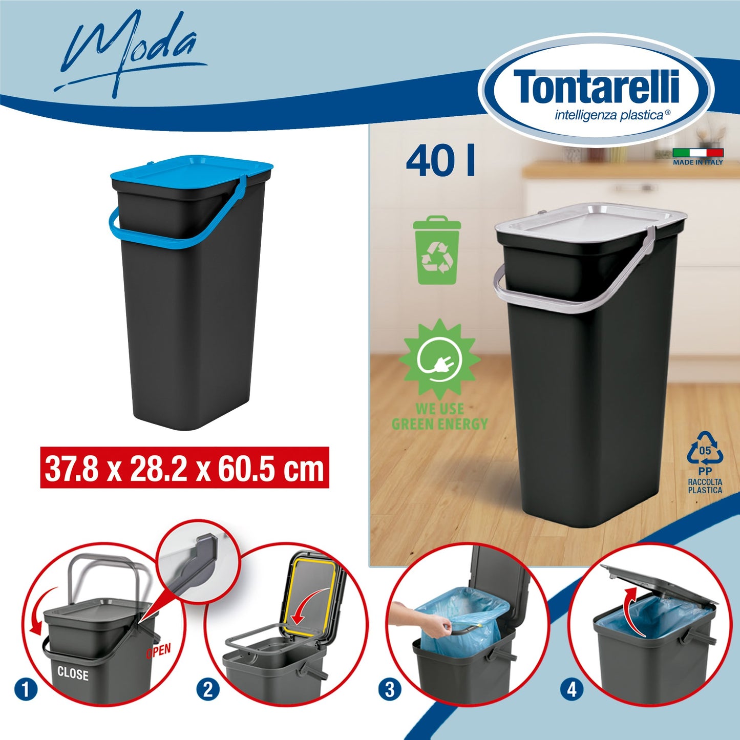 Papelera moda 40l Con Asa (cubo Negro-tapa Sapphir)_1