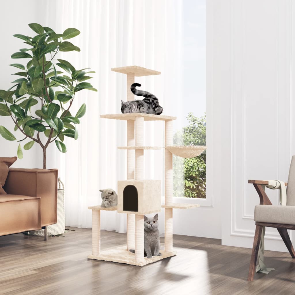 Rascador Para Gatos Con Postes De Sisal Color Crema 142 Cm_1