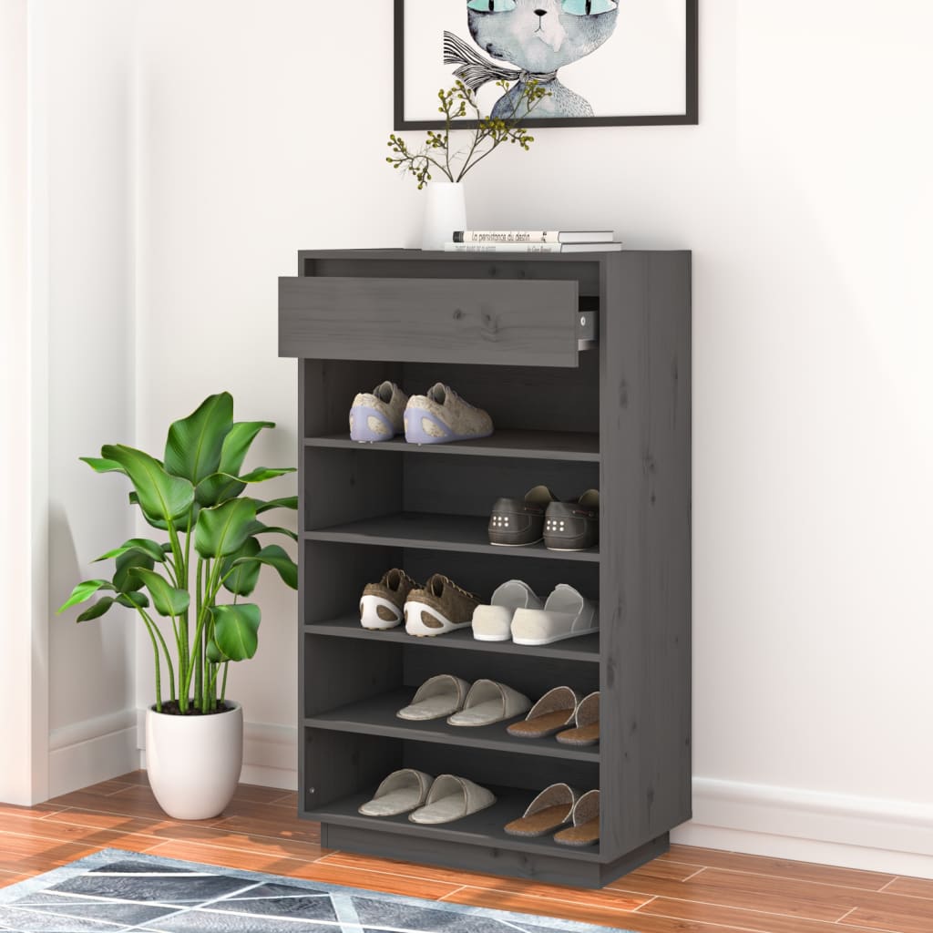 Armario Zapatero De Madera Maciza De Pino Gris 60x34x105 Cm / Vetonek_4
