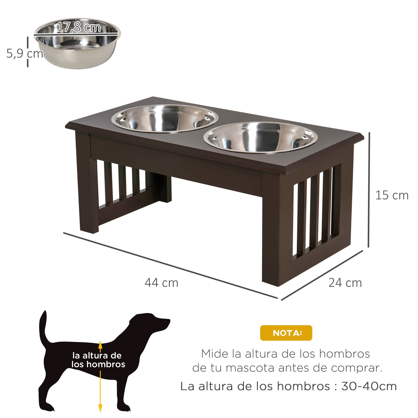 Pawhut Comedero Elevado Para Perros De Acero Inoxidable 44x24x15 Cm Marrón_2