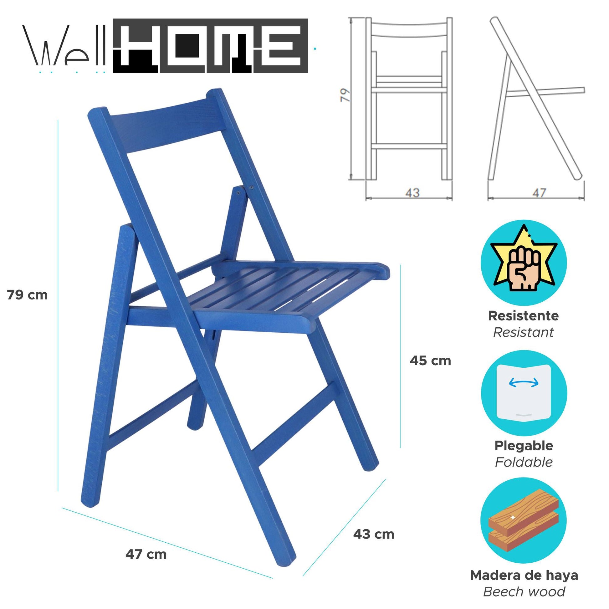 Well Home Mobiliario & Decoración - Pack 4 Sillas Bas En Madera De Haya, Acabado Azul_1