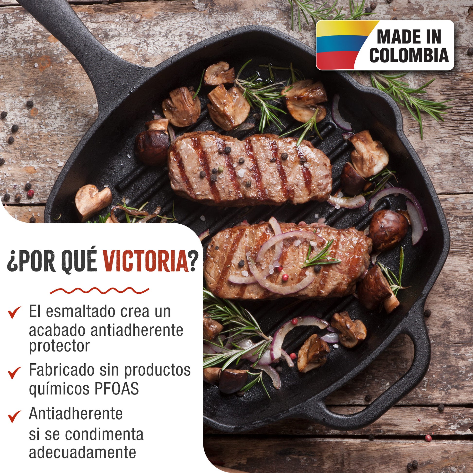 Victoria Sartén Grill Hierro Fundido Esmaltado Inducción 25x25cm Apta Fuego Barbacoa, Cast Iron Skillet, 39561, Negro_1