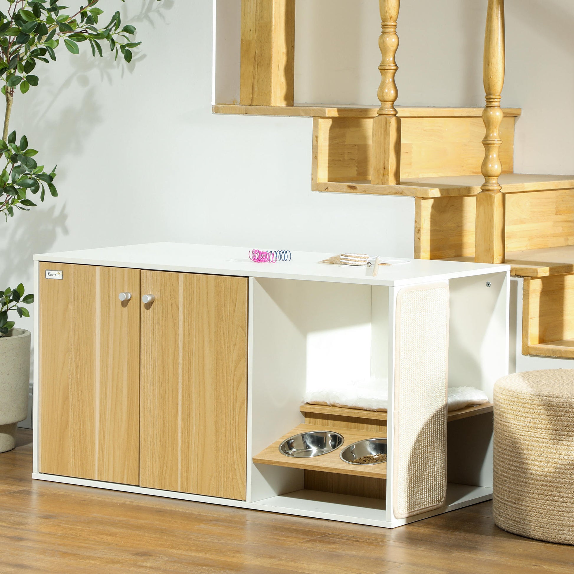 Pawhut Mueble Arenero Para Gatos 3 En 1 Con Puertas Estera Para Rascar Blanco_1