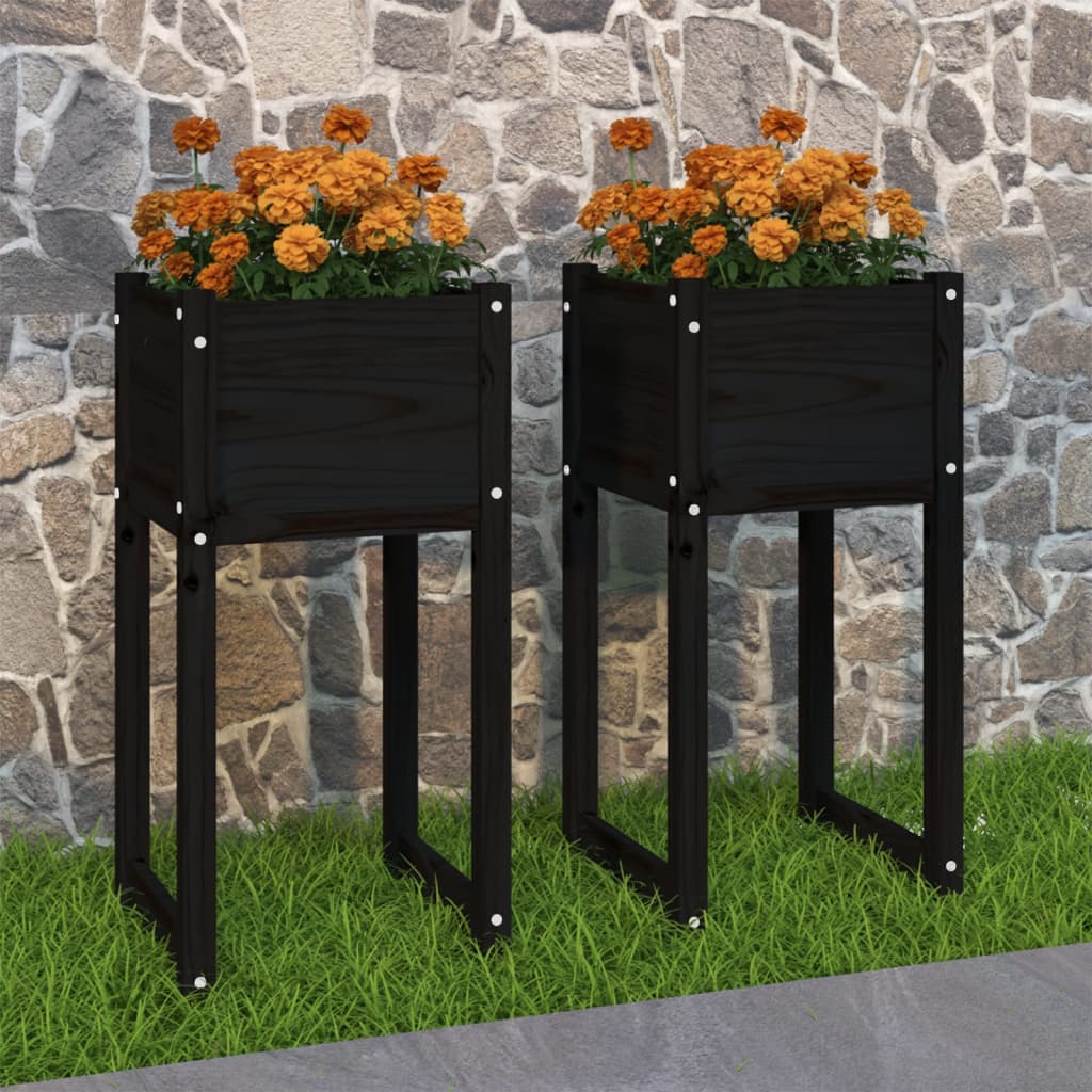 Jardinera 2 Unidades Madera Maciza De Pino Negro 40x40x81 Cm_1