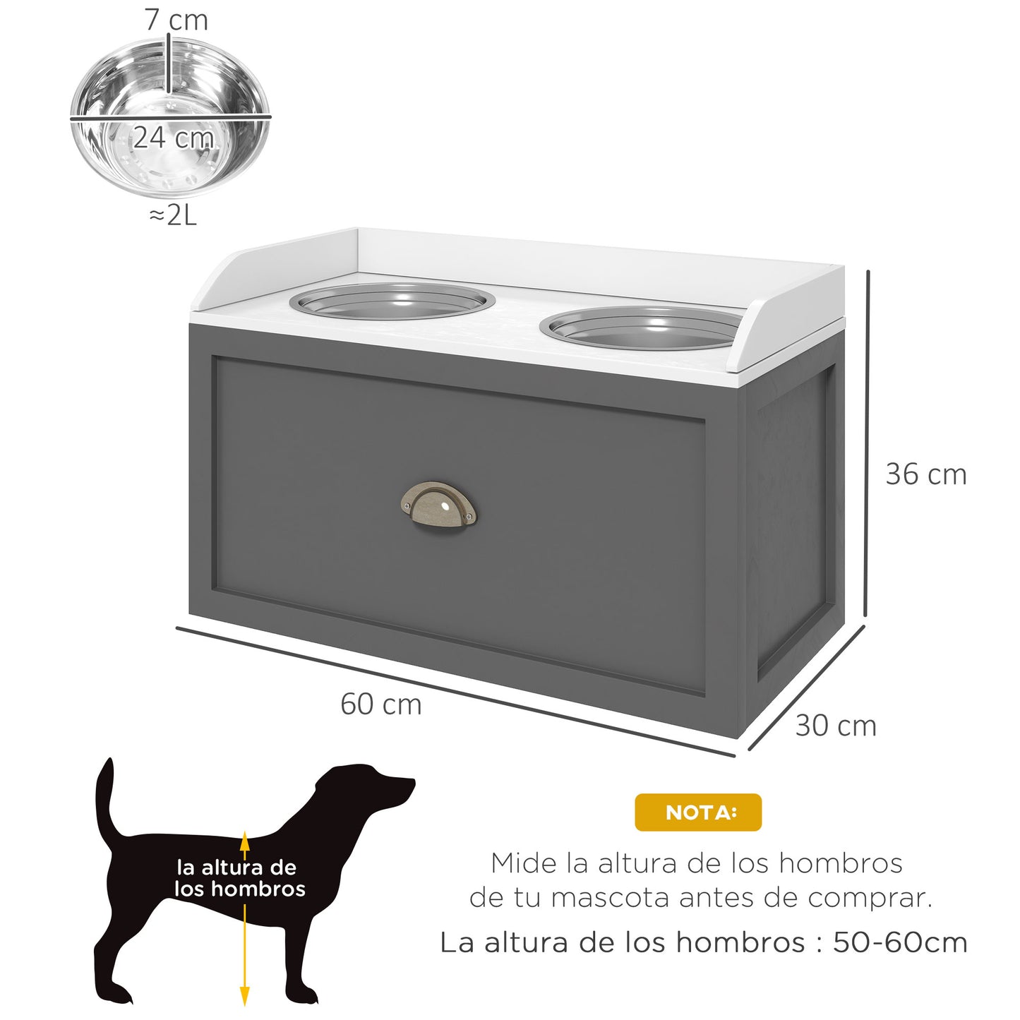 Pawhut Comedero Elevado Para Perros Grandes Con 2 Tazones 60x30x36 Cm Gris_2