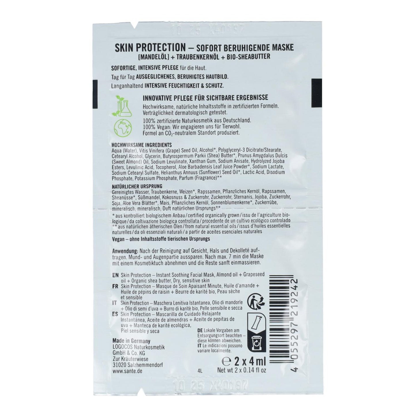 Máscara calmante de óleo de amêndoas e uvas Sante Skin Protection 2 x 4 ml