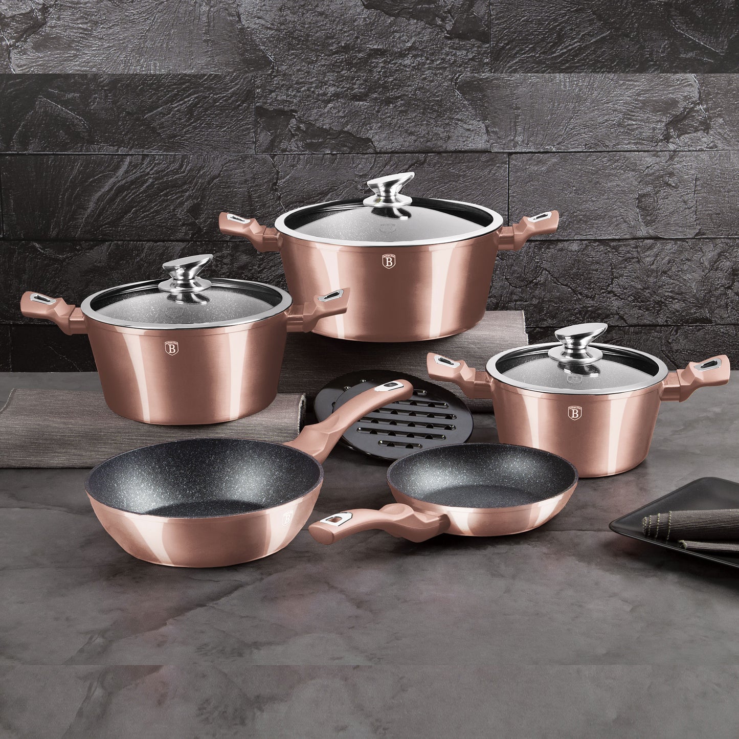 Batería Cocina Inducción 10 Piezas, Antiadherente Mármol Sin Pfoa, Aluminio, Cazuelas Sartenes Berlinger Haus Rose Gold Oro Rosado_1