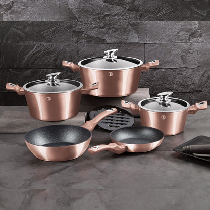 Batería Cocina Inducción 10 Piezas, Antiadherente Mármol Sin Pfoa, Aluminio, Cazuelas Sartenes Berlinger Haus Rose Gold Oro Rosado_1